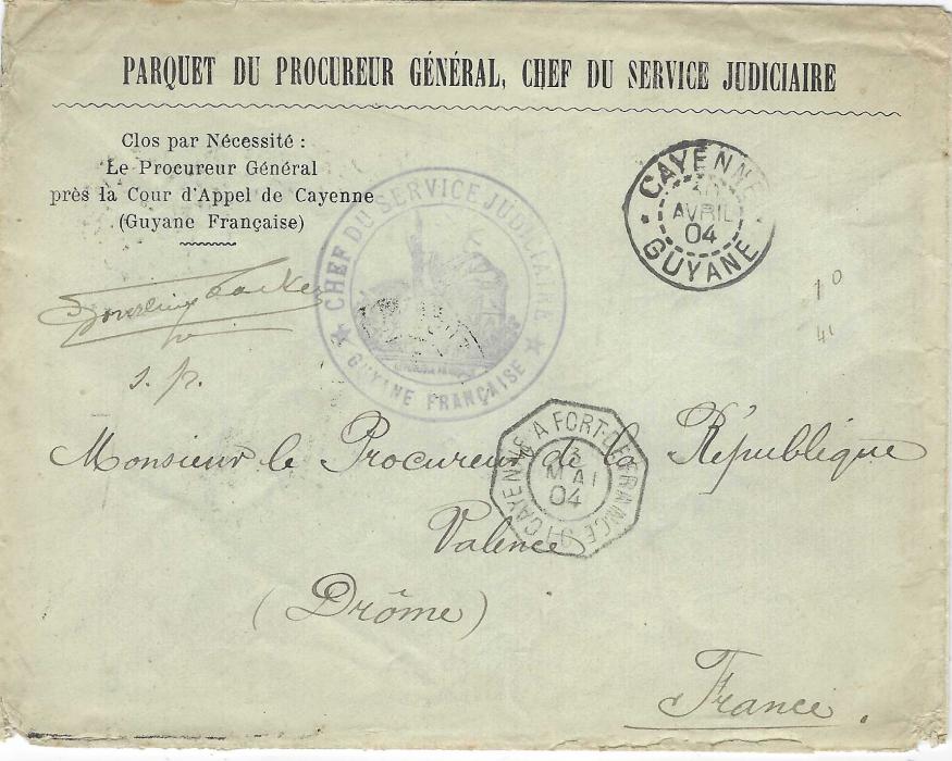 French Guiana 1904 printed envelope from  Chief of Service of the Judiciary, from Cayenne to Drome, France  bearing Cayenne Guyane despatch cds,  octagonal maritime Cayenne A Fort De France LC date stamp, violet Official cachet front and back, signed on front, arrival backstamp. Ex Grabowski.