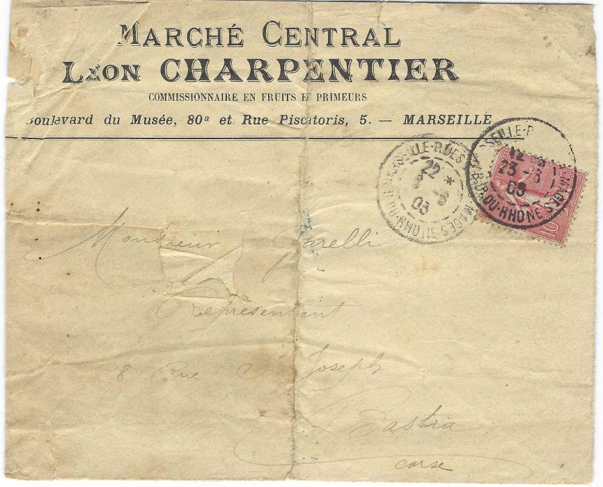 France (Corsica – Wreck Mail) On 7th June 1903 the steamer “Insulaire” ran into and sank the “Liban” steamer of the same company off the Isles of Maries. Two items, firstly an envelope sent on 5th June from St Florent Le Viel to Bastia, redirected on 29th, second commercial envelope from Marseille to Bastia. Both envelopes have straight-line handstamp ‘NAUFRAGE du LIBAN’, the first envelope without stamps otherwise good condition, the second with stamps but distressed condition.