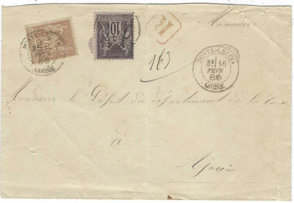 France (Corsica) 1884 (5 Nov) cover franked 15c Sage tied by Ponte Leccia Corse cds and with small circular ‘OR’ handstamp bottom right. Also 1888 registered cover to Ajaccio franked Sage 10c. and 30c. tied similar date stamp, red framed ‘R’ handstamp, arrival backstamp. A Fine pair from a small village.