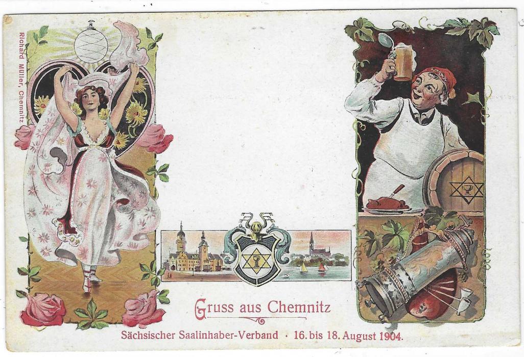 Germany (Picture Stationery) 1904 ‘Gruss aus Chemnitz’ three image 5pf Deutsche Reich card depicting Veil Dancer, two Churches and a Tankard of Beer with Barrel (plus two clay pipes) unused showing some slight tones at top and bumped top left corner.