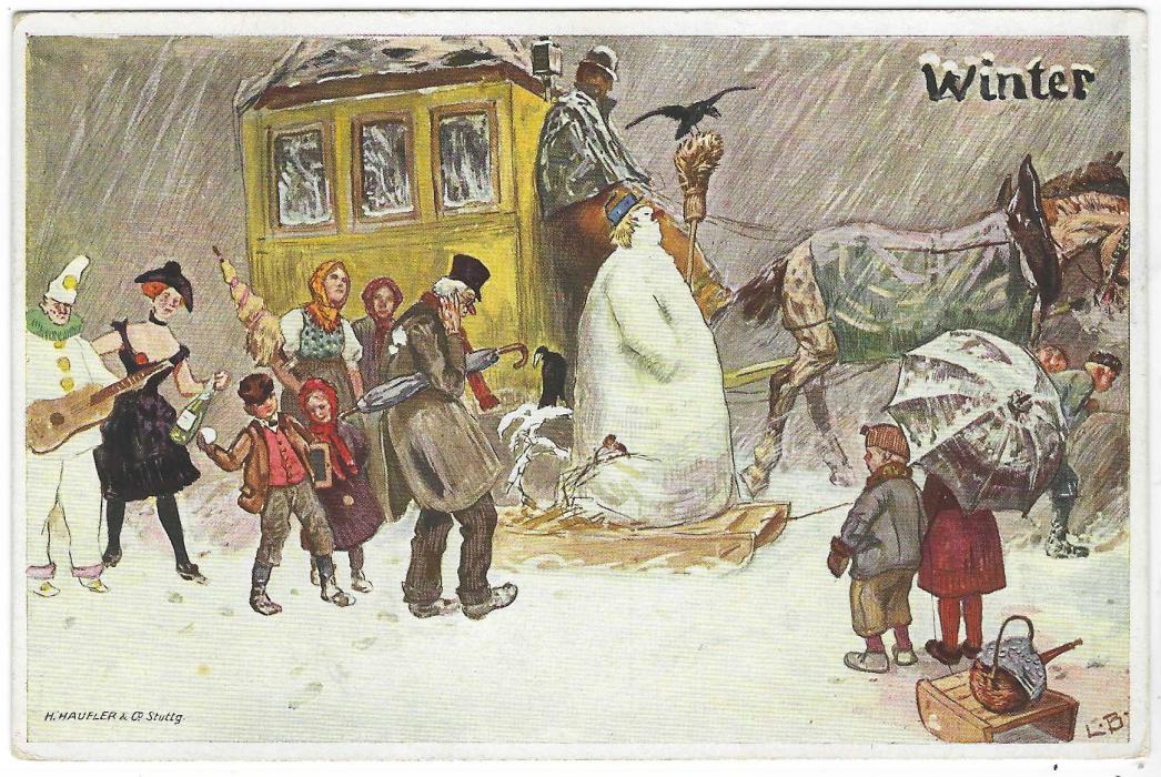 Germany 1910s Cannstatter Volkfest card entitled ‘Winter’ with a fine image that includes a Snowman, Children, Horse and Carriage, Umbrellas and Guitar playing Clown, used with Volks-Fest cds; a few inconsequential stains on reverse.