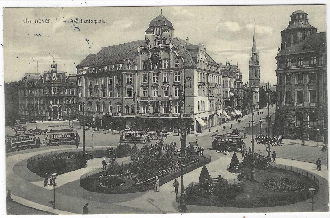 Germany 1913 Hannover XXV German Stamp Day card depicting Aegidientorplatz showing Trams, Horse-drawn Carriages and various bicycles plus some soldiers marching down a street, cancelled with special cancel of 2nd day; fine condition.