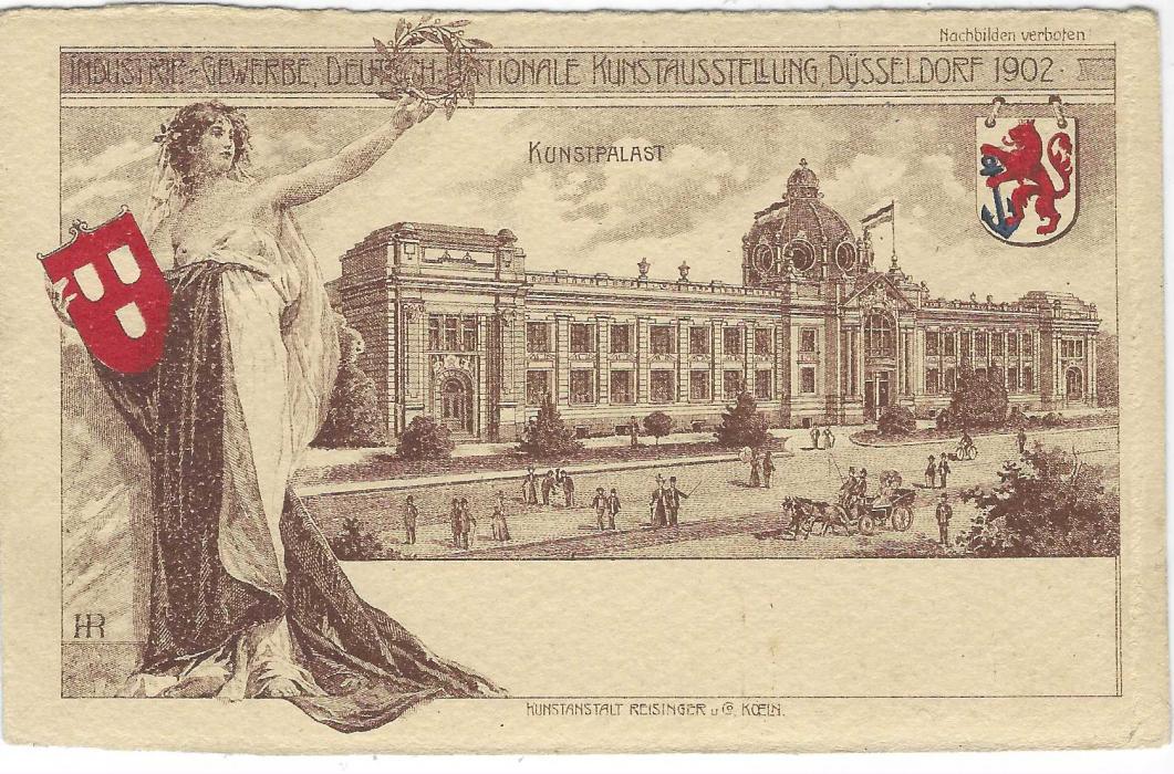 Germany (Picture Stationery) 5pf Germania 1902 card for Dusseldorf Exhibition  depicting the ‘Kunstpalast’ showing people in front of Exhibition Building and includes at right a cyclist, used with Exhibition cancel.