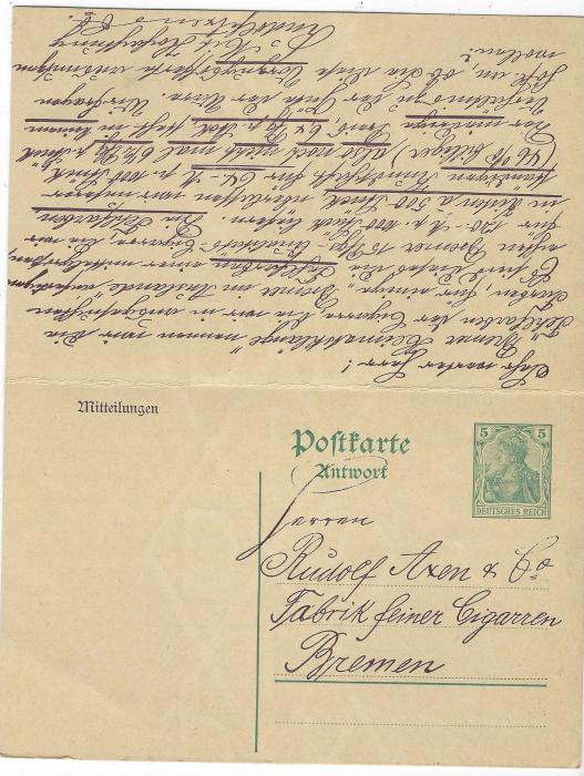 Germany (PictureStationery) 1914 5pf Germania watermarked reply card, the outward section with image of Grimm fairytale ‘Bremer Stadtmusikanten’ (Donkey, Dog, Cat and Cockrell’ used to Wurzburg offering cases of cigars, reply section back to Bremen Cigar Factory with acceptance of offer but apparently not actually sent. Fine condition.