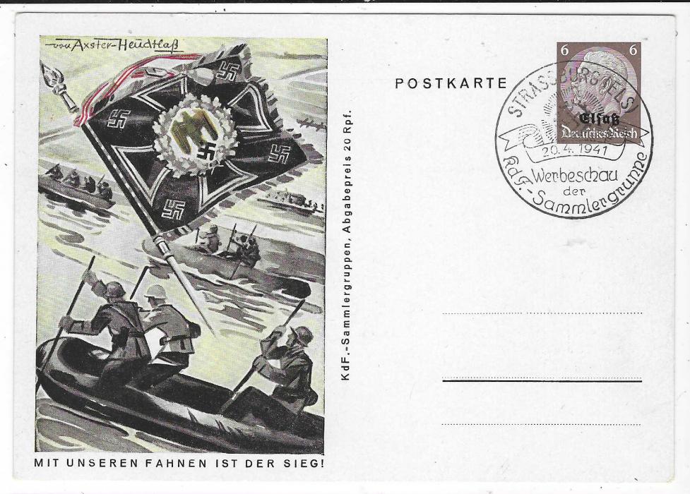 Germany Alsace (Picture Stationery) 1941 KdF Sammlergruppen set of eight 6pf Hindenburg cards depicting Flags and Troops each cto with Strassburg (Els) Werbeschau der KdF Sammlergruppe cancels, two are addressed with message.