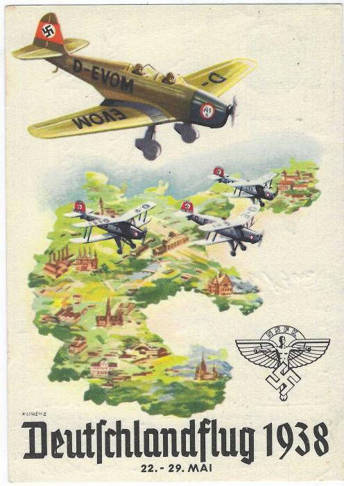 Germany (Picture Stationery) 1938 6pf Hindenburg card celebrating ‘Deutschlandflug Nationalsozilistisches Fliegerkorps’ used on first day of meeting with Hannover slogan cancel; a couple of light stains top left on back, a scarce used card