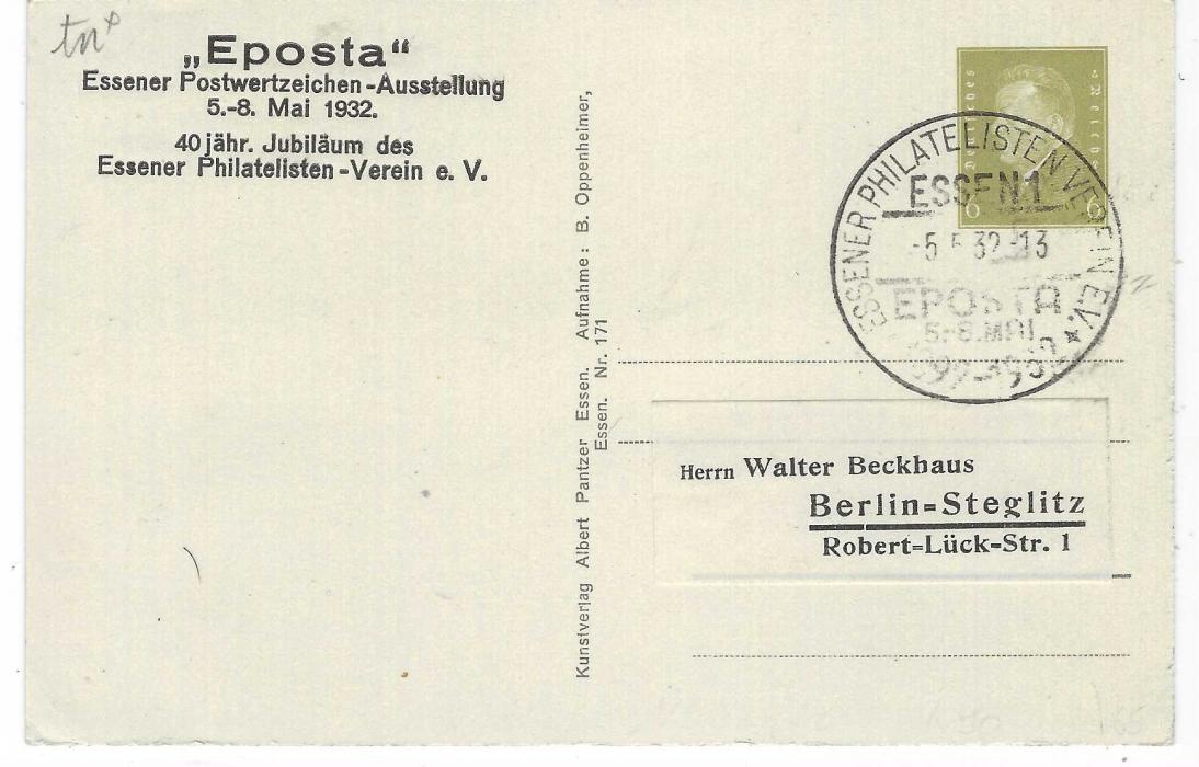 Germany (Picture Stationery) 1932 6pf ‘EPOSTA’ Essen Stamp Exhibition bearing image of Synagogue at night, used with Exhibition cancel.