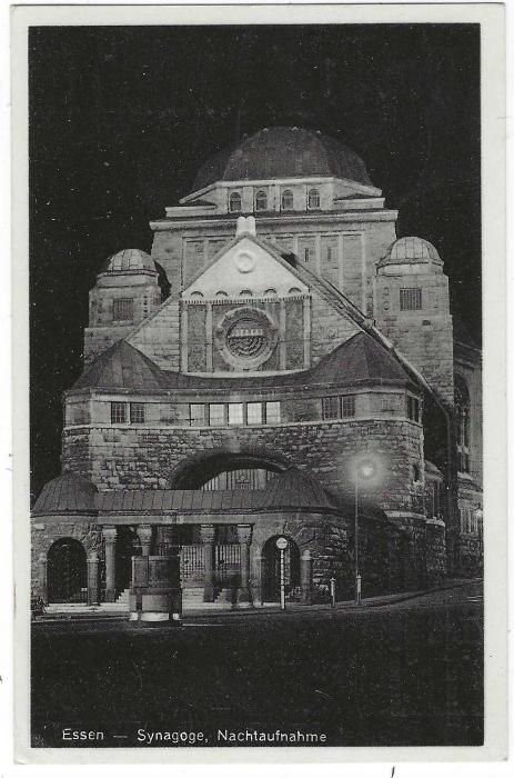 Germany (Picture Stationery) 1932 6pf ‘EPOSTA’ Essen Stamp Exhibition bearing image of Synagogue at night, used with Exhibition cancel.