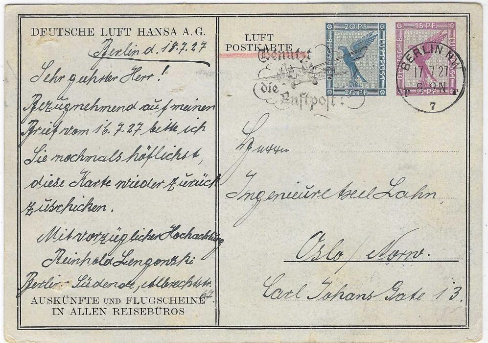 Germany (Picture Stationery) 1927 ‘Steinadler’ 20pf + 15pf card celebrating opening of Lufthansa airmail route Stettin – Copenhagen – Gothenburg – Oslo, depicting seaplane flying over Viking ships, used from Berlin to Oslo with slogan cancel of 17.7., though card dated 18th; two small surface abrasions at right, corner bumps and edge wear.