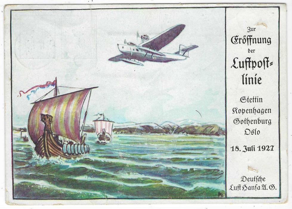 Germany (Picture Stationery) 1927 ‘Steinadler’ 20pf + 15pf card celebrating opening of Lufthansa airmail route Stettin – Copenhagen – Gothenburg – Oslo, depicting seaplane flying over Viking ships, used from Berlin to Oslo with slogan cancel of 17.7., though card dated 18th; two small surface abrasions at right, corner bumps and edge wear.