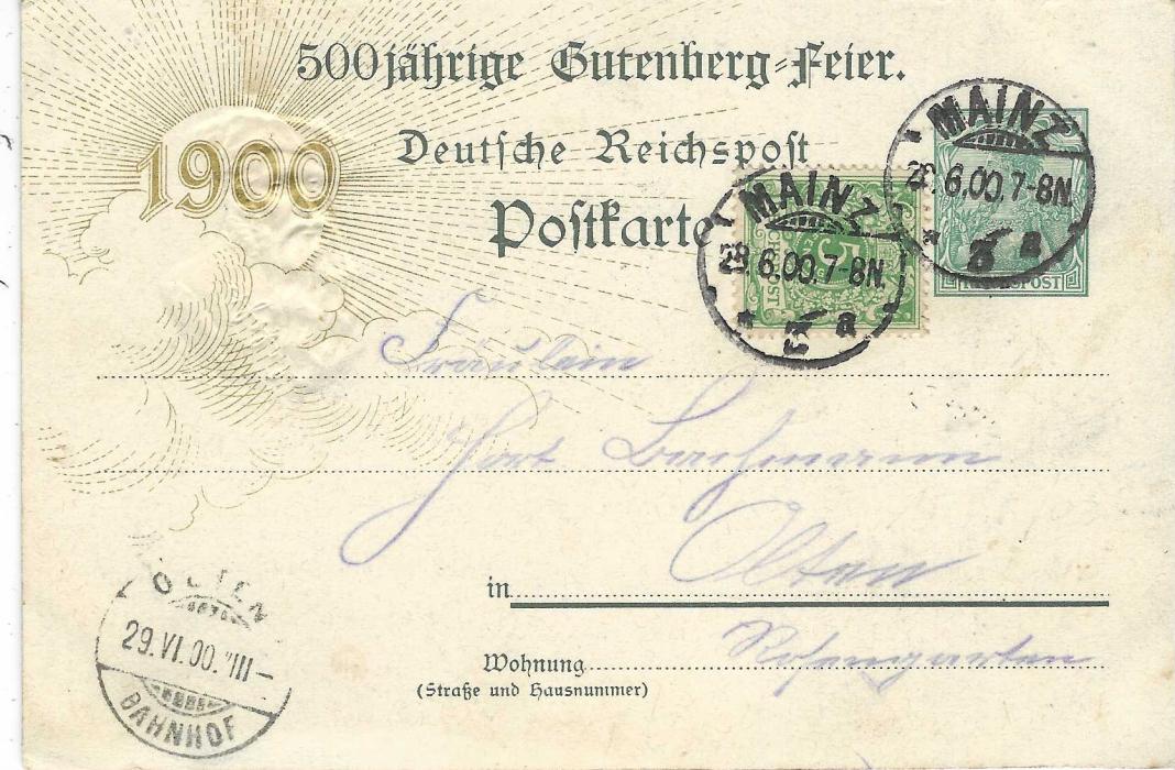 Germany (Picture Stationery) 1900 5pf Reichspost Germania with golden ‘1900’ at left uprated Mainz to Switzerland depicting various images for Gutenberg 500th Anniversary; slight corner bumps.