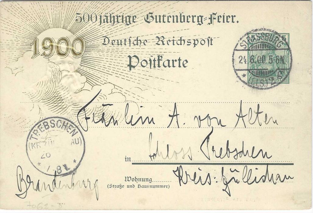 Germany (Picture Stationery) 1900 5pf Reichspost Germania with golden ‘1900’ at left used internally  depicting various images for Gutenberg 500th Anniversary; slight corner bumps.