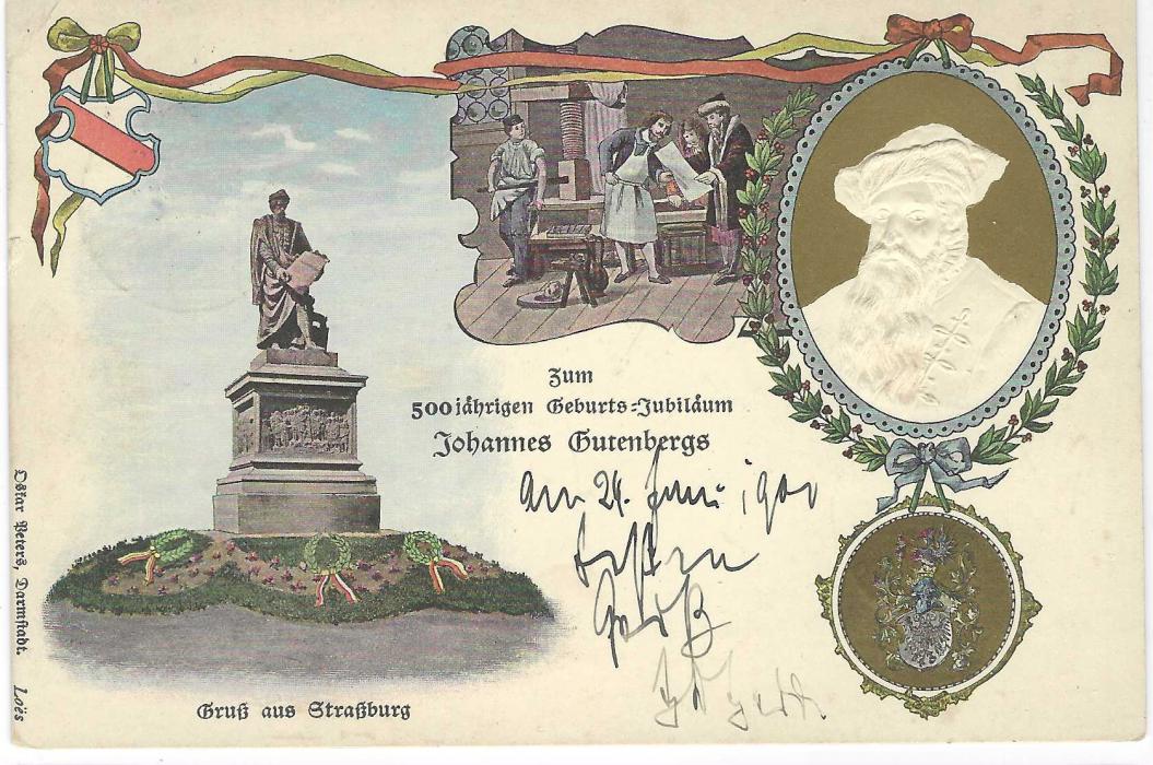 Germany (Picture Stationery) 1900 5pf Reichspost Germania with golden ‘1900’ at left used internally  depicting various images for Gutenberg 500th Anniversary; slight corner bumps.