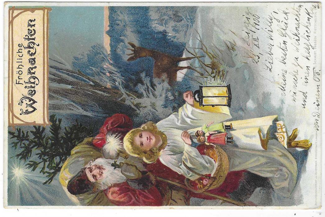 Germany (Picture Stationery) 1900 2pf and 3pf combination Reichspost Germania card used to Switzerland, uprated 5pf with Leipzig cds. Entitled ‘Frohliche Weihnachten’ depicting Father Christmas and ‘Christkindl’ with Lantern and puppets, with Deer looking on; good condition