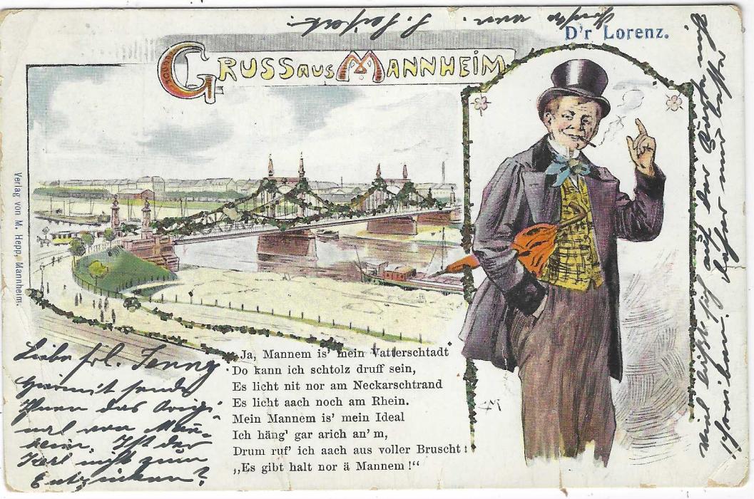 Germany (Picture Stationery) 1901 5pf Reichspost Germania card used internally, titled ‘Gruss aus Mannheim’ depicting Bridge at left and D’r Lorenz to right, glitter added to card; small tear at centre right and corner bumps.