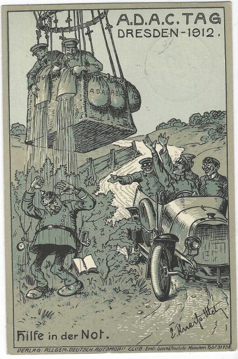 Germany (Picture Stationery) A.D.A.C. Tag Dresden 1912 5pf card used 9.7. with Dresden Altst 1 cds with humorous image of balloonists dumping A.D.A.C. sand on Official with motorists laughing; a fine and rare card.