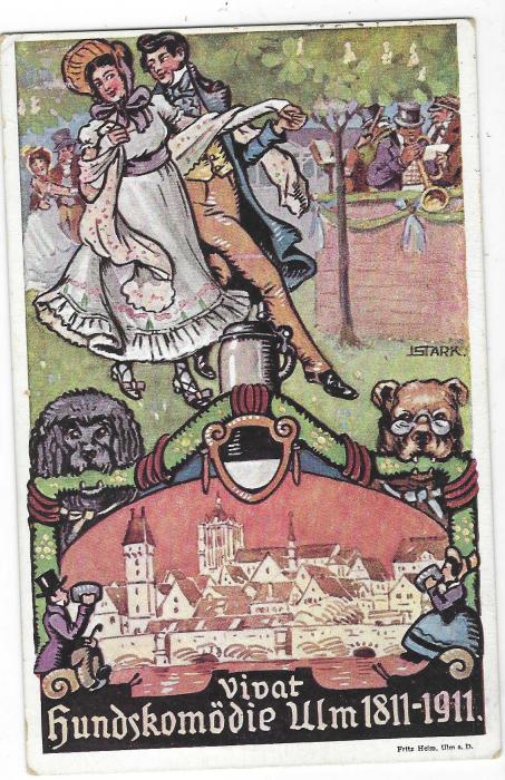 Germany (Picture Stationery) 1911 5pf ‘Offizielle Festpostkarte der “Hundskomodie”, the image including two artists Dog’s Heads, also showing Dancing couple, Musicians and couple drinking, fine used.