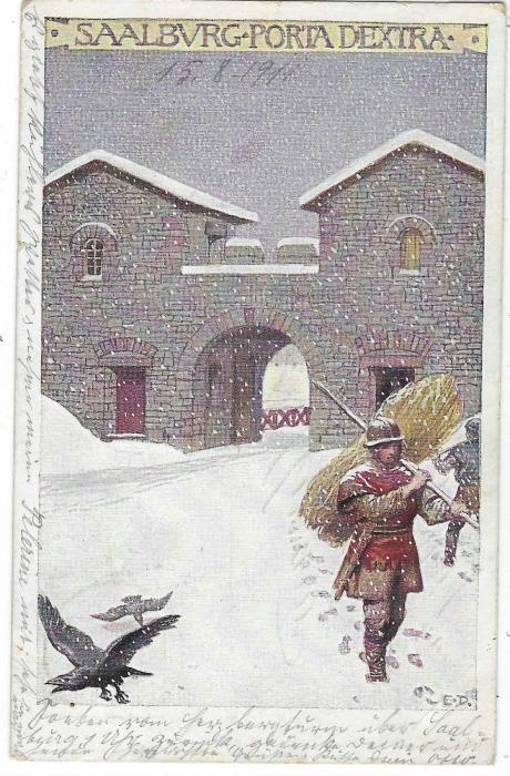 Germany (Picture Stationery) 1910s 5pf Germania card Roman Saalburg Porta Dextra depicting winter Scene with birds, used Saalburg.