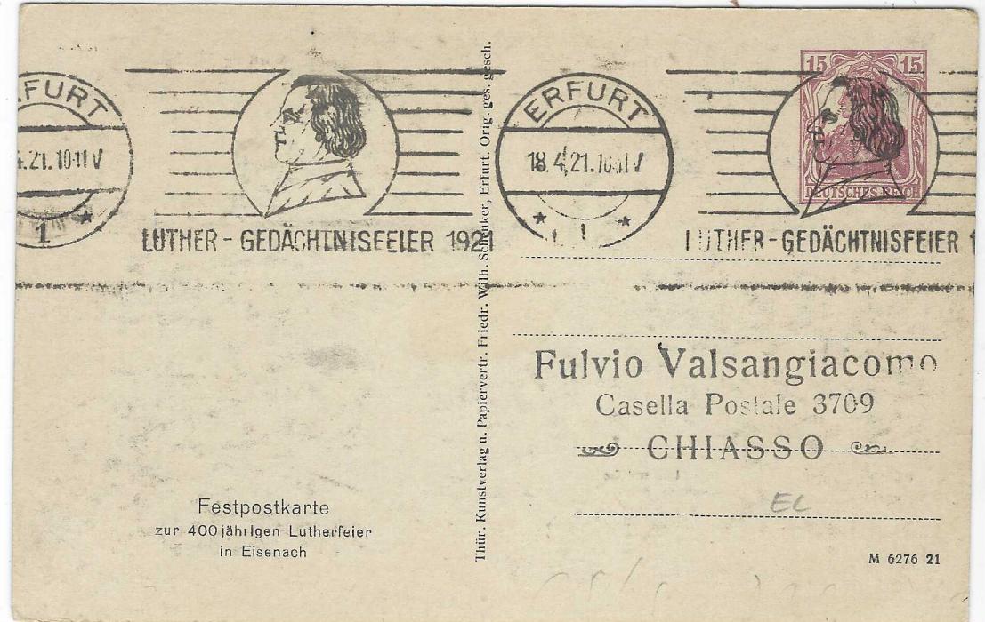 Germany (Picture Stationery) 1921 15pf card depicting Eisenbach with Martin Luthers study and Wartburg used with Erfurt illustrated roller cancel ‘Luther Gedachinisfeier 1921’.