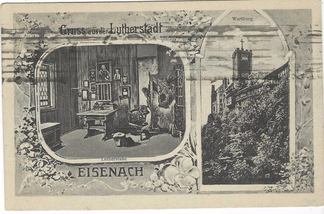 Germany (Picture Stationery) 1921 15pf card depicting Eisenbach with Martin Luthers study and Wartburg used with Erfurt illustrated roller cancel ‘Luther Gedachinisfeier 1921’.