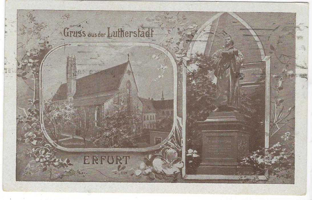 Germany (Picture Stationery) 1921 15pf card Gruss aus der Lutherstadt, Erfurt with image of Church and Schenker Monument used with illustrated roller cancel.