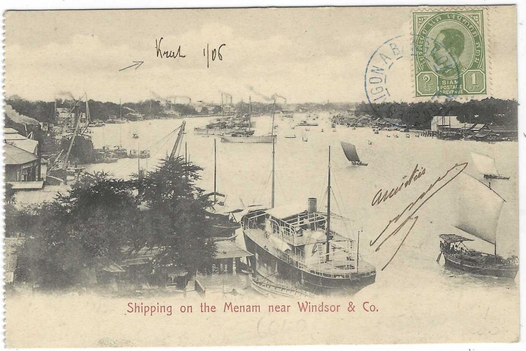 Thailand (Maritime) 1905 (Jan) picture postcard with serrated edge entitled ‘Shipping on the Menam near Windsor & Co.’ addressed to France, franked 1a. tied by undated blue double ring LIGNE DE SAIGON A BANGKOK, front bearing “Kraal 1/05” manuscript; a fine card.