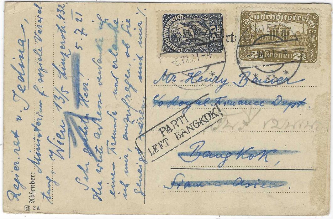 Thailand 1921 incoming plain card with full message to Bangkok with address scored out in blue crayon with arrow to return address and at centre fine framed PARTI/ LEFT BANGKOK.