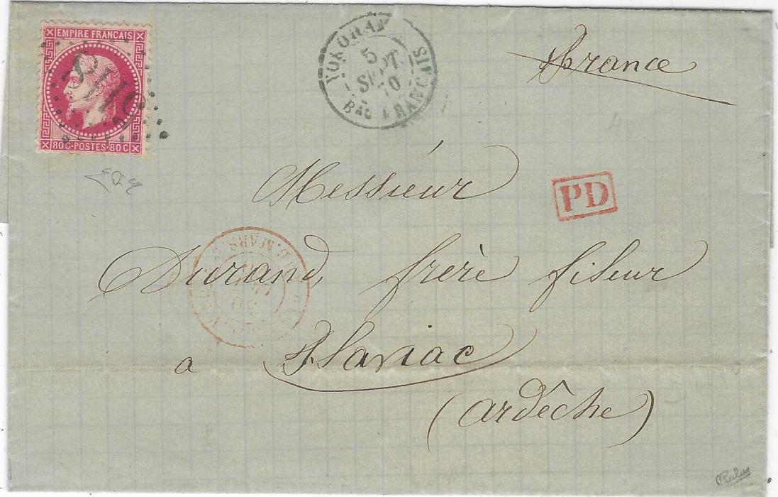 Japan French Post Offices: 1870 outer letter sheet to France  bearing single franking 80c. Laureated Napoleon tied by fine 5118 large numeral, Yokohama Bau Francais cds to right, red framed PD and at left red French tpo, transit and arrival backstamps; light horizontal filing crease towards bottom