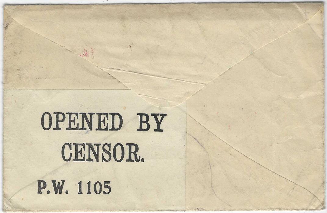 Japan (German Prisoner of War – Bando Camp) WW1 ‘SERVICE DES PRISONNIERS DE GUERRE’ printed stampless envelope to Germany with large red cachet at left and as redirected a violet Freigegeben/ Auslandstelle Coln-Deutz applied, reverse with British ‘OPENED BY CENSOR/ P.W. 1105’ censor tape; with content letters.