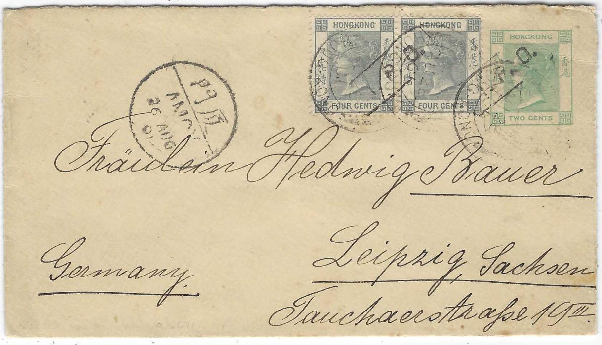 Hong Kong (China I.P.O.) 1901 2c. postal stationery envelope to Leipzig, bearing bilingual Amoy cds where cash was paid for the internal postage, very unusually a 2c. stationery envelope has been used together with pair 4c. to make 10c. overseas rate all cancelled with two fine framed I.P.O.  handstamps of Amoy and three cds, arrival backstamp. The backflap is missing but a very rare example of cash paid on a stationery envelope.