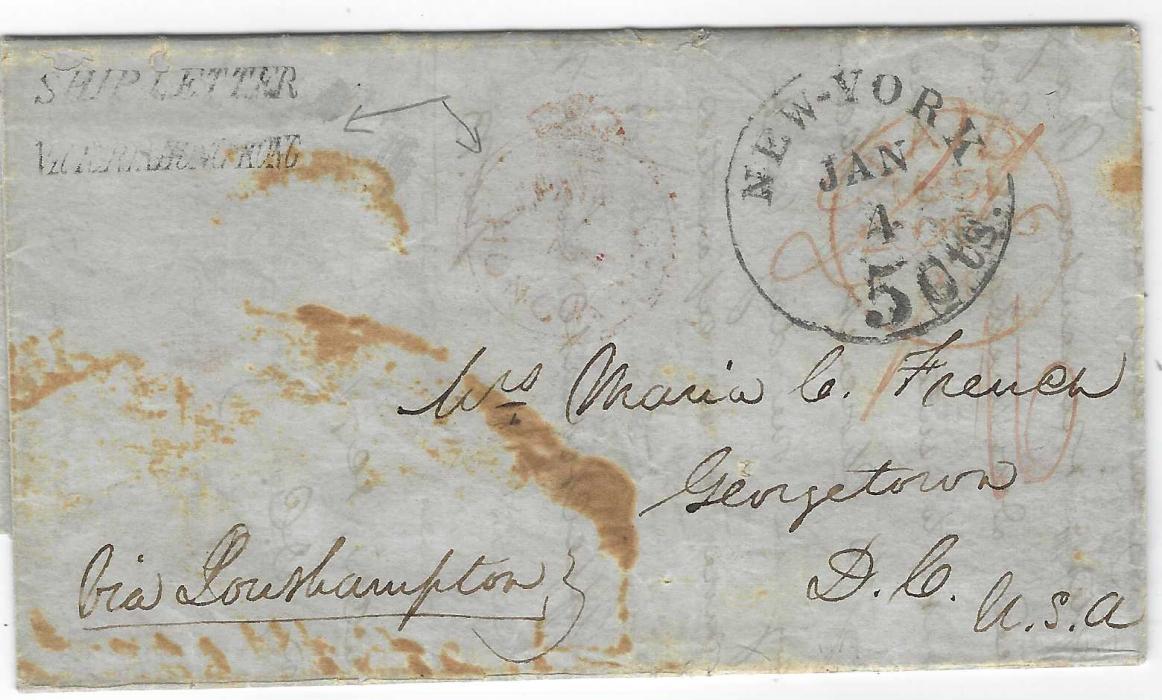 Hong Kong HONG KONG : 1851 entire written from Canton to Georgetown, D.C., USA endorsed “Via Southampton”  bearing central , somewhat faint Paid Crown Circle, to left of this two-line ‘SHIP LETTER/ VICTORIA-HONGKONG’, Red British PAID cds overstruck New-York 5cts cds, reverse with faint Hong Kong cancel; some oxidised reddish ink staining, an unusual combination of Ship Letter and Crown circle.