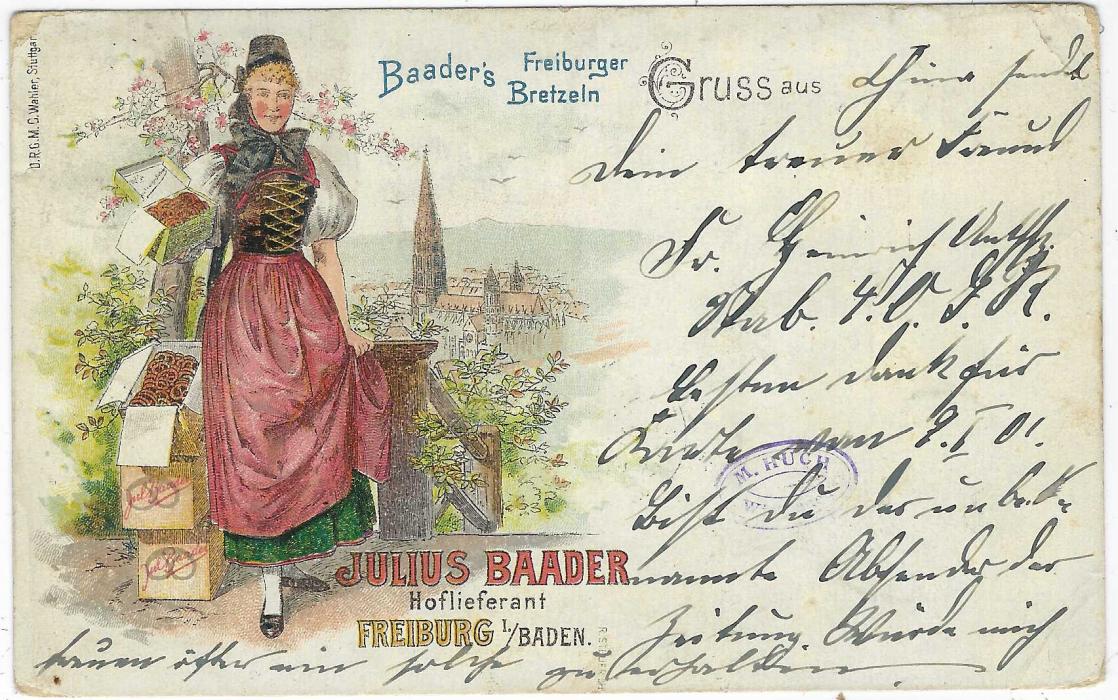 China (German Post Offices) 1901 Freiburg picture postcard used to Gross-Ausheim franked with pair 2pf. grey Numeral tied by two K.D.Feld-Postation No.7 cds of 9/3 (Paotingfu) with another below, unclear violet unit cachet, some toning arounf stamps.