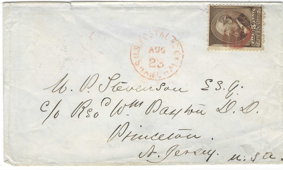 China (United States Postal Agency) 1885 (Aug 23) envelope to Princeton, NJ franked 1882 5c. grey-brown tied by cork cancellation in red with alongside U.S. Postal Agcy Shanghai, a poor strike repeated on reverse together with San Francisco transit (Sep 15) and arrival cds (Sep 22).