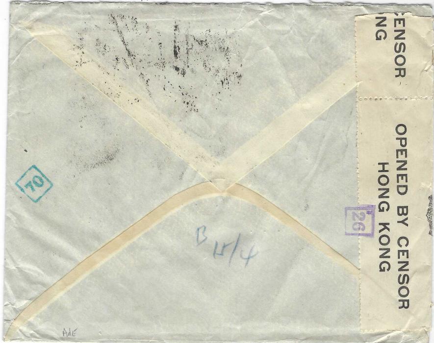 China (Air Transits) 1941 (9.4.) cover to New York franked S.Y.S. 5c., 50c., $2 (2) and $5 (3) tied by Shanghai cds, fine blue-green AIR-TRANSIT 6 double ring handstamp, ‘OPENED BY CENSOR/ HONG KONG’ tape applied at left tied on reverse with small framed ‘26’, a blue-green ‘70’ appears at right; a fine example.