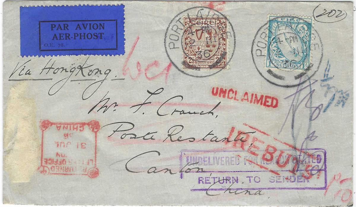 China 1936 incoming airmail cover from Ireland, endorsed “Via Hong Kong” to a Poste Restante address at Canton, arrival backstamp, with series of red instructional handstamps UNCLAIMED, framed REBUT and ornate-framed Returned/ Letter Office/ Canton/ China, the second of these overstruck with violet UNDELIVERED FOR REASON STATED/ RETURN TO SENDER, red Canton backstamp; fine and attractive.