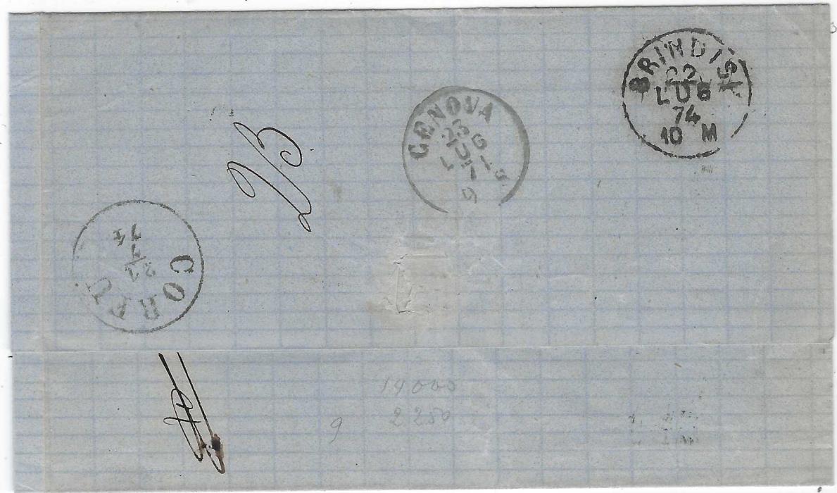 Austrian Levant 1871 outer letter sheet to Genova bearing three-colour mixed franking of 5Kr. postal stationery cut-out together with 3sld and 15sld tied Gallipoli Nel Levante cds, endorsed 