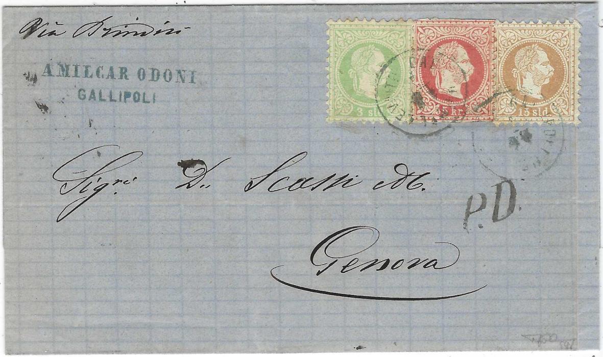 Austrian Levant 1871 outer letter sheet to Genova bearing three-colour mixed franking of 5Kr. postal stationery cut-out together with 3sld and 15sld tied Gallipoli Nel Levante cds, endorsed 