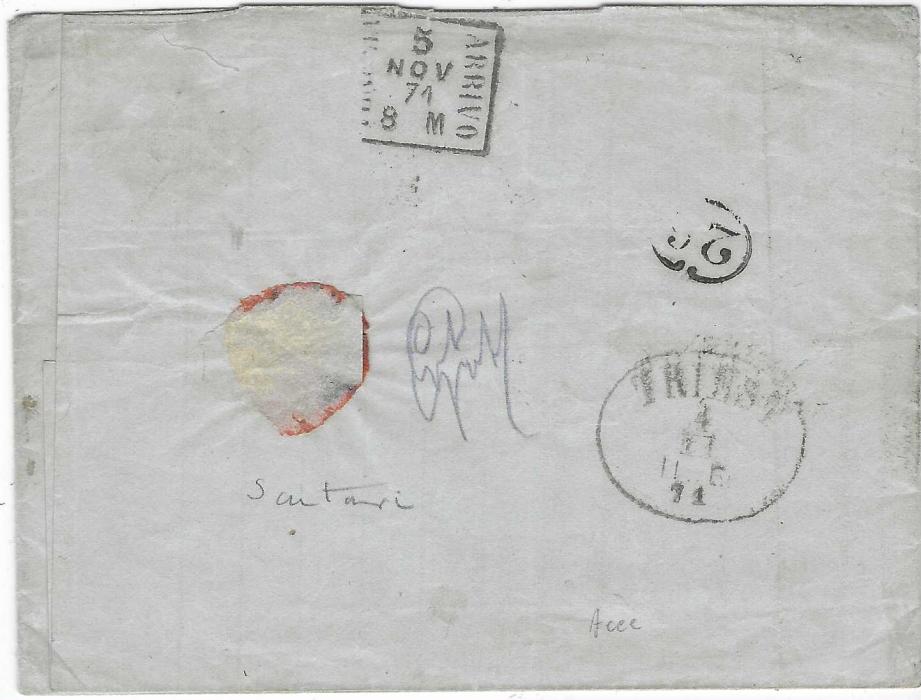 Albania (Ottoman Post Offices) 1869 20pa and 1pi yellow, perf 5-11, used on 1871 outer letter sheet to Venice tied by circular ‘Scutari’ handstamps in blue (Coles & Walker fig. 3)with Austrian Post Office ANTIVARI cds in transit, black ‘P.D.’ deleted (1½pi paid to the border only) and taxed with Italy 1870 Postage Due 10c. and 60c. tied by rectangular framed Venezia datestamps on arrival. Reverse with Triest transit. Illustrated Coles & Walker, Part 1 on page 4. Fine and rare.