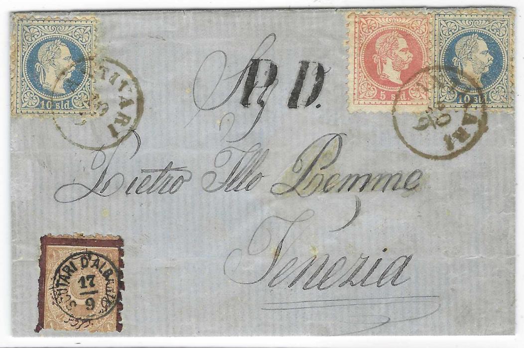 Albania (Austrian Post Offices) Ottoman 1869 Postage Due 1pi yellow-brown and red-brown, perf 5-11, used on 1870 outer letter sheet to Venice paying the internal rate from Scutari cancelled by extremely fine Scutari D’Albanie, franked Austrian Levant 5s and 10s (2) tied by Antivari cds for onward transmission. Arrival cds on reverse. The address re-written and some ageing around Austrian issues. A scarce and attractive combination. A Diena Cert. (1974)