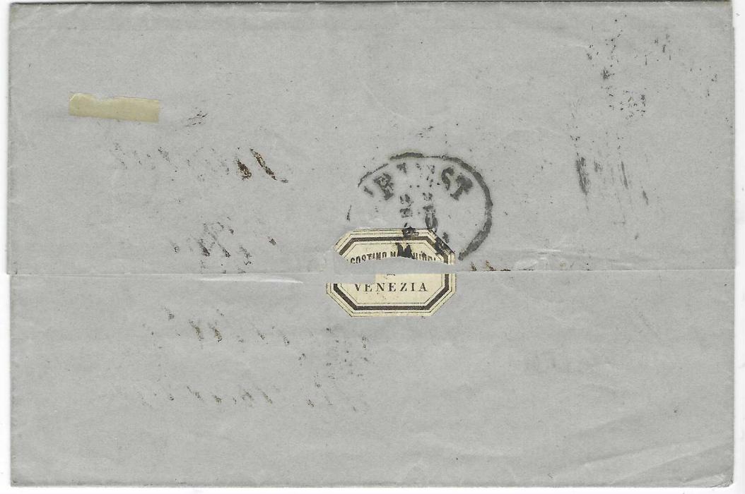 Albania (Ottoman Post Offices) 1870 incoming outer letter sheet to Scutari , endorsed “Via Trieste” and “Vapore Antivari”, franked 20c and damaged 40c tied by numerals with Venezia cds in association to left, Ottoman 1869 1pi yellow, perf 5-11 applied and tied ‘Scutari’  double ring handstamp, Triest transit backstamp; despite the damaged stamp an attractive combination cover.