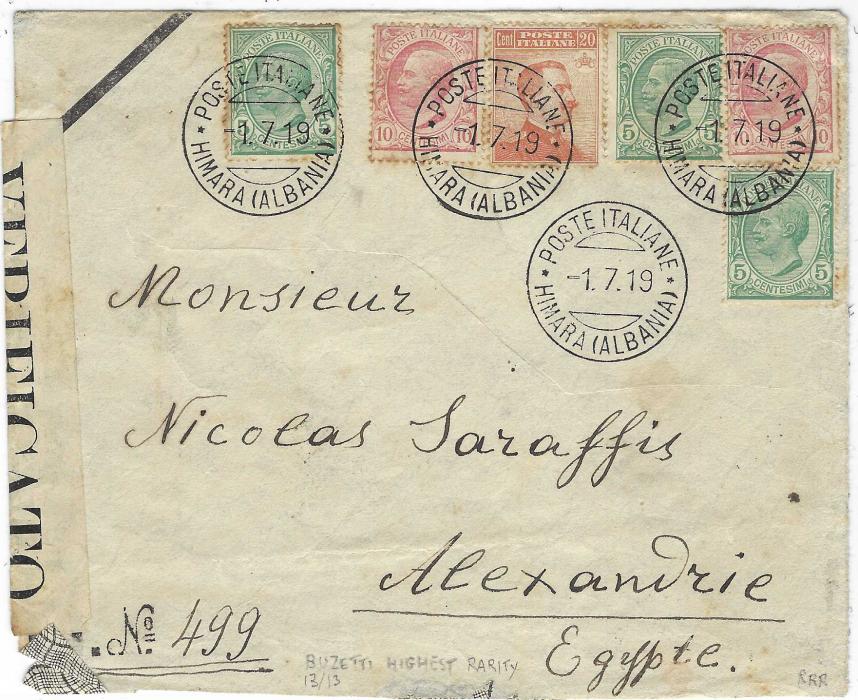Albania (Italian Post Offices) 1919 censored mourning envelope to Alexandrie, Egypt franked Italian 5c. (3), 10c. (2) and 20c. tied by fine POSTE ITALIANE/ HIMARA (ALBANIA) cds, censor tape at left tied on reverse three-line Verificato/ Per Censura/ Valona handstamp, Brindisi transit and arrival cds; some toning around some stamps and slight faults to periphery of envelope. A fine example of a very scarce cancel.