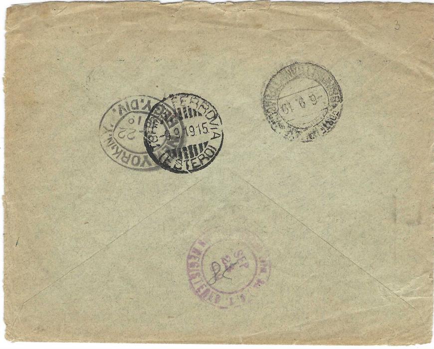 Albania (Italian Post Offices) 1919 (2.9.) Company Envelope registered to New York franked Italy 1906 5c. (3) and 10c. (4) tied Posta Militare 50 cds in use at Durazzo, registration handstamp with manuscript number at left, reverse with Brindisi and Torino transits, arrival cancels; some faults to periphery of envelope, a scarce usage. 