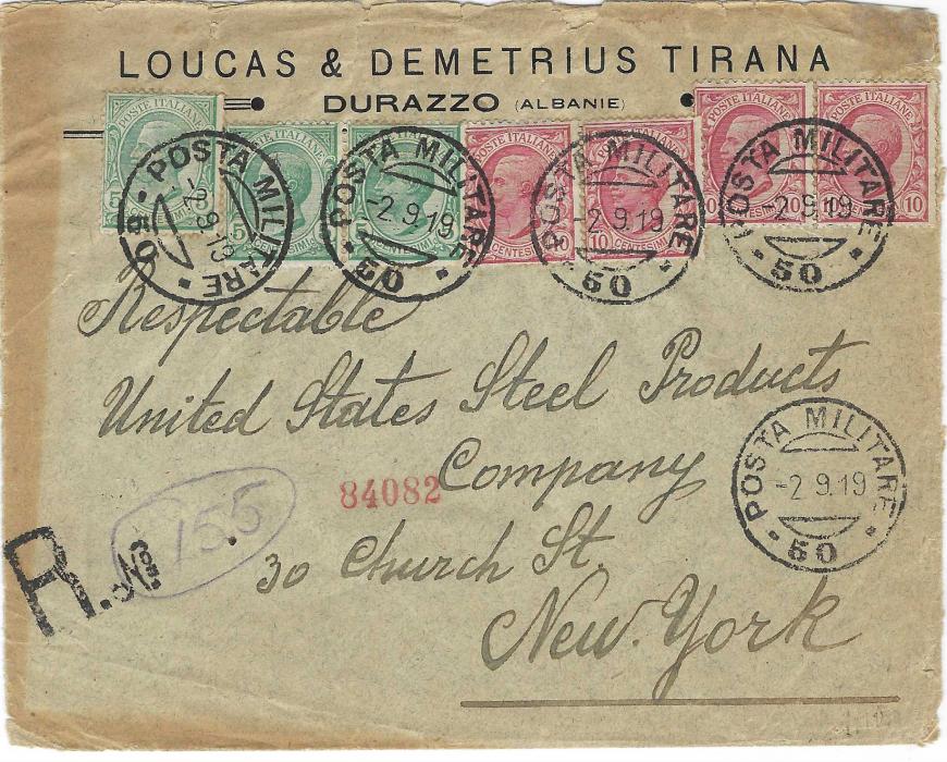 Albania (Italian Post Offices) 1919 (2.9.) Company Envelope registered to New York franked Italy 1906 5c. (3) and 10c. (4) tied Posta Militare 50 cds in use at Durazzo, registration handstamp with manuscript number at left, reverse with Brindisi and Torino transits, arrival cancels; some faults to periphery of envelope, a scarce usage. 