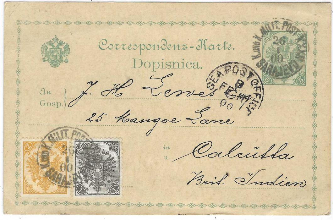 Bosnia 1900 (26/1) 5h postal stationery card to Calcutta uprated with Coat of Arms litho 2k yellow in combination with typo 1h grey-black tied Sarajevo cds, Indian Sea Post Office B transit. Very fine item of stationery to unusual destination with rare combination of printings and currency.
