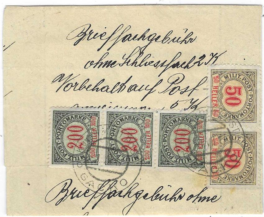 Bosnia 1917 Post Office receipt for payment for a Post Office Box for a period of one month between the 1st of July to 31st July. The fee of 7 kreuzer paid with 1904 Postage Dues 50h pair 200h vertical strip of three, tied Gacko cds; tear at left in form that runs under first 200h without causing damage.