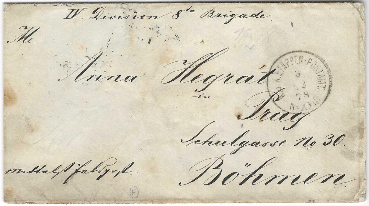 Bosnia 1878 (3/12) stampless military letter to Prague cancelled K.u.K Etappen-Postamt No.XXII based at Gourazde, Wien transit and Prag arrival cds, some slight ageing.