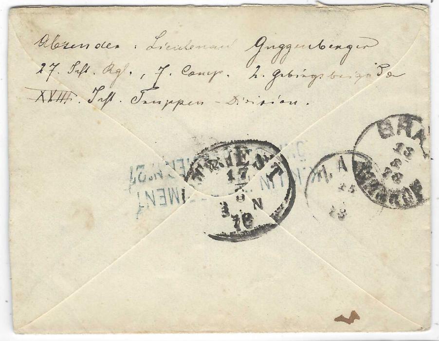 Bosnia 1878 (10/8) stampless military letter cancelled Feldpost-Expositur No.18  based at Mostar, reverse with blue two-line regiment handstamp overstruck with Triest transit. One of the earliest known letters sent from this FPO opened on 6th August. Signed Puschman.