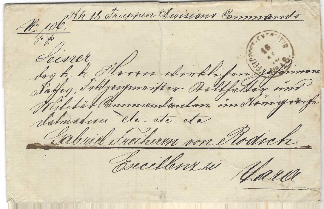 Bosnia 1878 (16/12) stampless military letter cancelled Feldpost-Expositur No.18  based at Mostar, reverse with Zara arrival cds. Repaired tear in envelope, an unusual usage of this second type military cds.