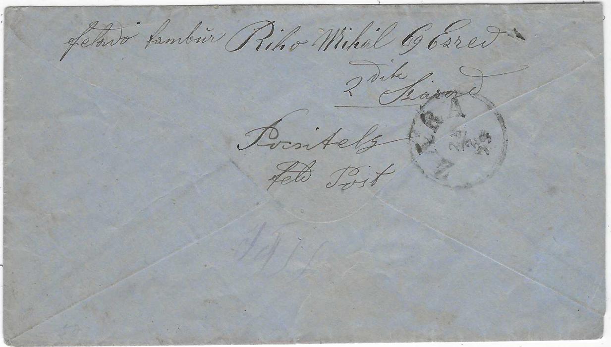 Bosnia 1879 (19/2) stampless military envelope to Pamohera  (Pocitelj – Croatia) bearing Etappen Postamt No.2 cds, reverse with Zara transit. A scarce usage of civilian mail using military FPO in the first half of 1879.