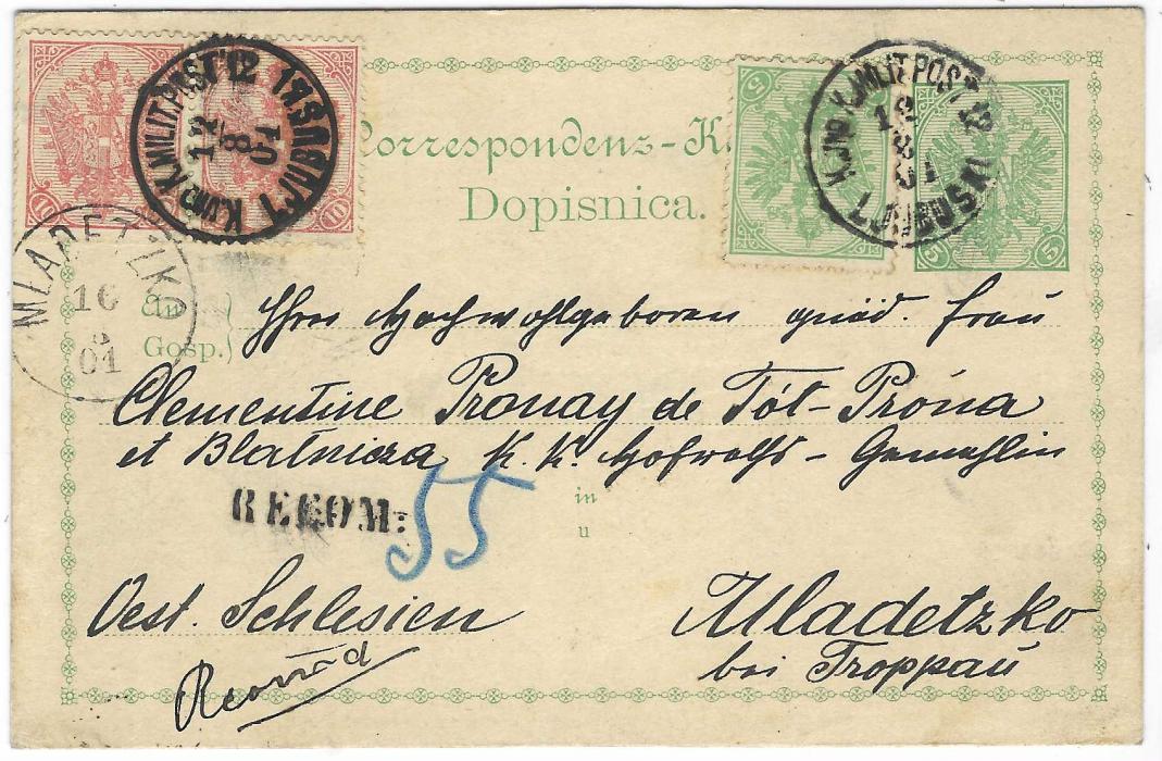 Bosnia 1901 (12/8) 5h. postal stationery card sent registered to Mladetzko (Moravia) uprated with 5h green and 10h red pair, tied K.und K.Milit.Post 12 Ljubuski cds, straight-line RECOM with blue manuscript number, arrival cds additionally tying a 10h. Scarce usage for a domestic stationery card, fine condition.